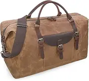 [NEWHEY] Oversized Travel Duffel Bag Waterproof Canvas Weekender Leather Overnight Hand Bag, Brown, Large, Classic