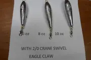 10 10 oz W/ EAGLE CLAW 2/0 CRANE SWIVEL TROLLING TORPEDO IN LINE SINKERS