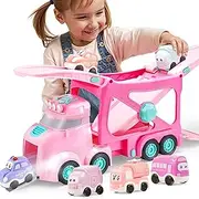 VROOMIX 3-Layer Extra Large Princess Pink Truck Toys for Girls, 7-in-1 Big Transport Vehicle Carrier Truck with Directional Tracks, Siren & Lights, 6 Cars, Chrismas Birthday Gifts for 3+ Years Old