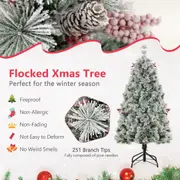 Costway 1.4M Pre-lit Christmas Tree Snow Flocked Mixed Pine Needles Flowers/LED Lights Xmas Decoration Home Garden