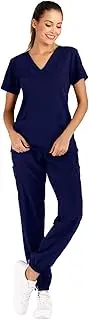 [Minty Mint] Women's Solid Stretch Medical Uniform Scrub Set V Neck Top Cargo Tapered Jogger Pants Purple