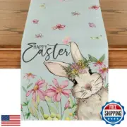 Artoid Mode Blue Daisy Bunny Rabbit Happy Easter Table Runner, Seasonal Sprin