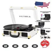 Retro 3-Speed Suitcase Turntable with Bluetooth and Built-in Speakers - White