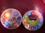 Toddler wooden puzzles (set of 2); planets and clock; NIP, FREE SHIPPING
