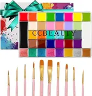 CCbeauty Face Body Paint Kit Professional 36 Colors Face Painting Kit Cosplay Makeup Palette Halloween Clown SFX Makeup Kit Neon Body Paint Arts Party Fancy Make Up with 10 Pink Face Paint Brushes