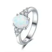 Classic Silver White Opal Stone Ring for Women, Oval Crystal Engagement Jewelry