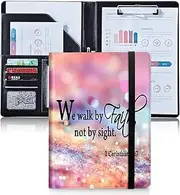 Padfolio/Portfolio Folder,SDDFRHGH PU Leather Clipboard Resume/Interview Document Organizer Business Card Holder Slot A4 Letter Size Writing Pad we Walk by Faith Pink Purple Personalized Padfolio
