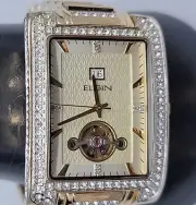 Elgin Automatic Watch Skeleton Mens Crystal 34mm Tank Case 8" Band Day Window