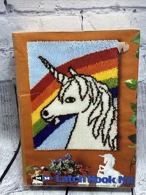 Vintage Latch Hook Kit SEALED Rainbow Unicorn 18”x14” Rug Picture Pillow 1982