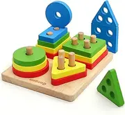 Coogam Wooden Sorting & Stacking Toys, Shape Color Recognition Blocks Matching Puzzle with Lacing String, Fine Motor Skill Educational Preschool Learning Board Game for Toddler Age Year Old