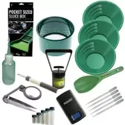 Gold Panning Kit Set 12" 10" 8" Green Gold Pans Mini Pocket Sluice Box & More