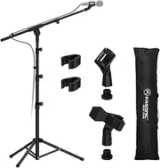 Kasonic Microphone Stand, Heavy Duty Adjustable Collapsible Tripod Boom Mic Stands with 2 Mic Clip Holders for Performance, Karaoke Singing, Speech, Wedding, Stage and Outdoor Activity - Black