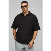 Mens Dark Brown Oversized Heavyweight Textured Revere Short Sleeve Polo