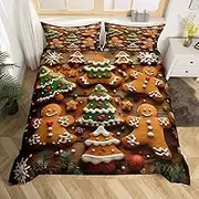Gingerbread Man Duvet Cover Set Queen,Christmas Tree Abstract Art Bedding Set for Kid Boys Girls Room Decor,New Year Comforter Cover 3Pcs,Xmas Theme Retro Bedspreads Cover,2 Pillowcases(NO Comforter)