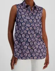 Nautica Jeans Womens Blue Paisley Sleeveless Tunic Button-Up Shirt Top Size L