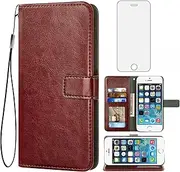 Compatible with iPhone 5S 5 SE 2016 5SE Wallet Case Tempered Glass Screen Protector Card Holder Cell Accessories Phone Cover for iPhone5 iPhone5s iPhoneSE iPhone6se i 6SE iPhone5se Women Men Brown