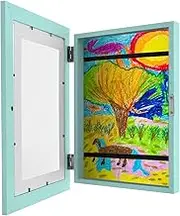 Kids Art Frame A4 Child Artwork Picture Frame with Fixed Strap Front Opening Photo Frame Wood Frame Horizontal and Vertical Formats Hold up to 150 Artworks for Crafts Drawing(Blue)