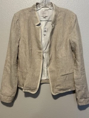 LOFT Ann Taylor 100% Linen Blazer Jacket Women M Beige Open Welt Pockets Lined
