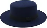 [Hcclijo] Women Men Flat Top Hat Wide Brim Felt Fedora Hat Winter Imitation Woolen Round Jazz Hat