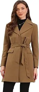[Allegra K] Lapel Collared Belted Coat for Women's Open Front Long Sleeve Overcoat