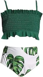 [Lemoonlemone] Girl's Crop Flounce Two Piece Haler Swimsuit, Green, 10-12 Years, Green