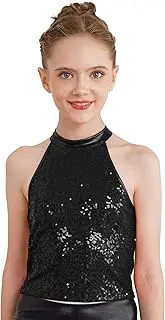 [inhzoy] Girl's Sleeveless Halter Backless Crop Tops Shiny Sequins Shirt for Modern Jazz Hip Hop Dance