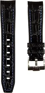 [Strapseeker] Alligator-Embossed Paramount Curved End Premium Silicone Rubber Watch Bands- Compatible with Omega Swatch Moonwatch, Tudor Black Bay, Rolex- 20mm, 22mm - Crocodile Embossed Waterproof Rubber Watch Straps (22mm, Black with White Stitch)