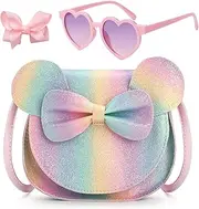 [LJCTULY] Kids Purse for Girls - Little Mouse Ear Bow Crossbody Bag - Cute Purse for Toddler Aged 2-8 - Girls Wallet Birthday Gift Set (Rainbow)