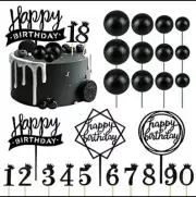 25 PCS Black Ball Cake Topper Set, Acrylic Happy Birthday Cake Toppers Black ...