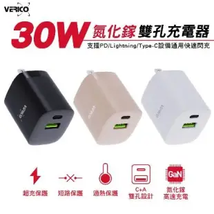 VERICO 30W GaN 氮化鎵 PD雙孔充電器-(智能快充/1A1C/支援iPhone15)