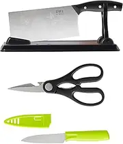 TJ POP Chinese Chef's Knife Set 4-Piece for Kitchen, Ultra Sharp 7.5" Meat Cleaver with Knife Holder, Kitchen Scissors, Paring Knife with Sheath, for Meat Vegetable Cutting, Dishwasher Safe