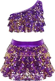 [Kvysinly] Kids Girls Latin Jazz Salsa Samba Rumba Dance Costume Sequins Tiered Ruffle Crop Top With Skirted Shorts