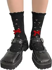 Esdlajks Bow Tie Lace Girl Socks Lolita Socks Rose Print Hollow Double Layer Socks (Color : Black, Size : One Size)