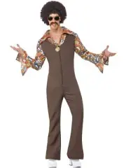 Groovy Hippy Boogie 1960's Zipped Brown Bodysuit Flared Fancy Dress Costume