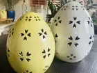 2 Pottery Barn Large White, Med Yellow Ceramic Pierced Eggs NEW Easter Rustic