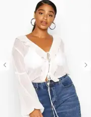 IVORY WHITE SHEER PLUS DOBBY MESH TIE FRONT RUFFLE MIDI BLOUSE sz 24 bnwt