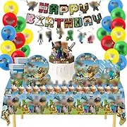 Minecraft Birthday Party Kit for Boys Kids - Complete Tableware Set with Happy Birthday Banner, Balloons, Tablecloth, Paper Plates, Cups, Napkins & Cake Toppers | Minecraft Party Decorations