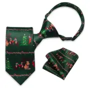 Boys Adjustable Tie and Pocket Square Pre-tied Zipper Necktie for Kids Green