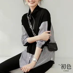 【初色】半高領拉鍊假兩件拼接條紋長袖上衣女上衣-黑色-31748(M-2XL可選)