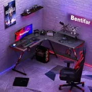 Black L Shaped Gaming Desk Carbon Fiber 14 Desk With Laptop Stand & Headset Hook