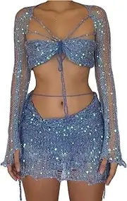 [HGps8w] 2 Piece Skirt Outfit for Women Sequins Beaded Sweet Y2K Sexy Backless Crop Top and Skirt Rave Festival Matching Sets