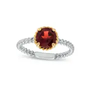 7.0mm Garnet Solitaire Rope-Textured Frame and Shank Ring in Sterling Silver and Solid 10K Yellow Gold