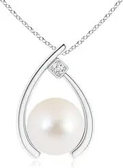 [Angara] Freshwater Cultured Pearl Wishbone Pendant Necklace with Diamond in Sterling Silver/14ct Solid Gold for Women | June Birthstone Jewellery for Her