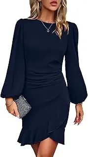 [YNIQUE] Women's Cocktail Dress Ruffle Hem Formal Dress Lantern Sleeve Work Casual Club Party Slim Short Mini Dress