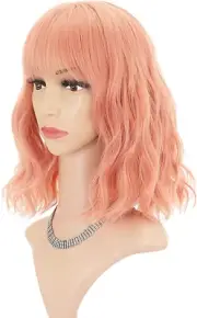 Pink Wigs with Bangs Synthetic Short Bob Wig for Girl Shoulder Length Wig for Wo
