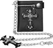 [Girinme] Chain Wallet Leather - Punk Skull Gothic Bifold, Black, Jesus Cross