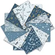 Whaline 12Pcs White Blue Cotton Fabric Bundles Watercolor Christmas Fat Quarters White Blue Snowflake Leaves Printed Sewing Fabrics for Winter DIY Handmade Crafting, 18 x 22 Inch