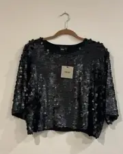 NWT ASOS Sequin Short Sleeve Crop Top Black US 14