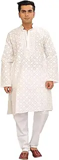 [Exotic India] Bright-White Kurta Pajama Set with Chikan Hand-Embroidery in Self-Colored Thread