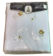 Vintage Twin Fitted Sheet White Gold Cottage Roses Percale Springmaid Rosegay